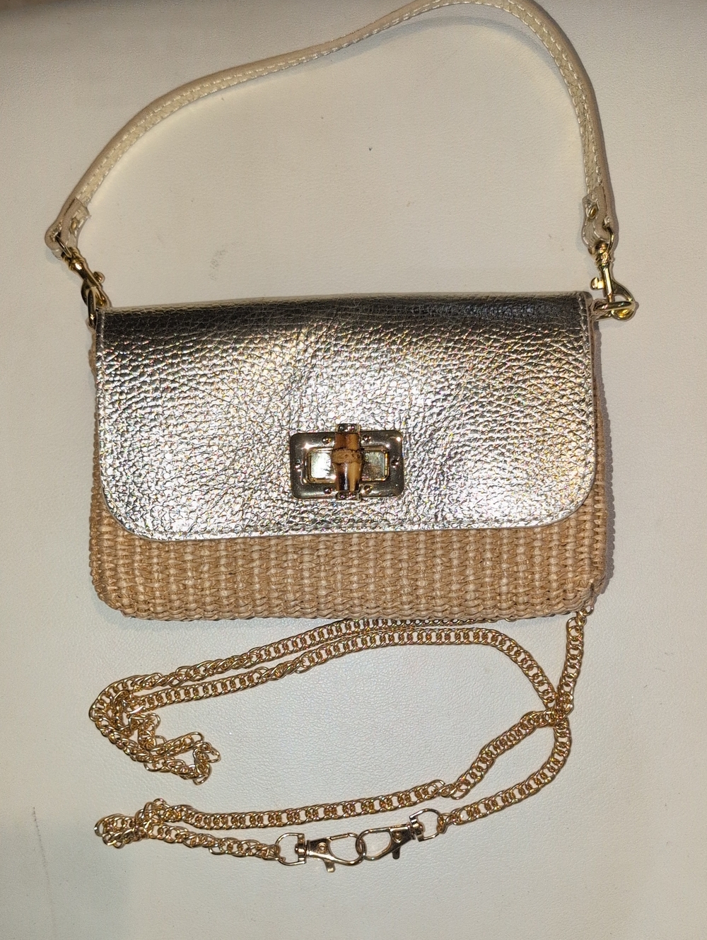 Neutral Woven Straw And Metallic Leather Crossbody Or Wristlet - Made In Italy -